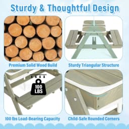Wooden 4-in-1 Picnic Table – Kids Sand & Water Sensory Table with Weatherproof Umbrella, 2 Covered Storage Bins, for Toddlers, B