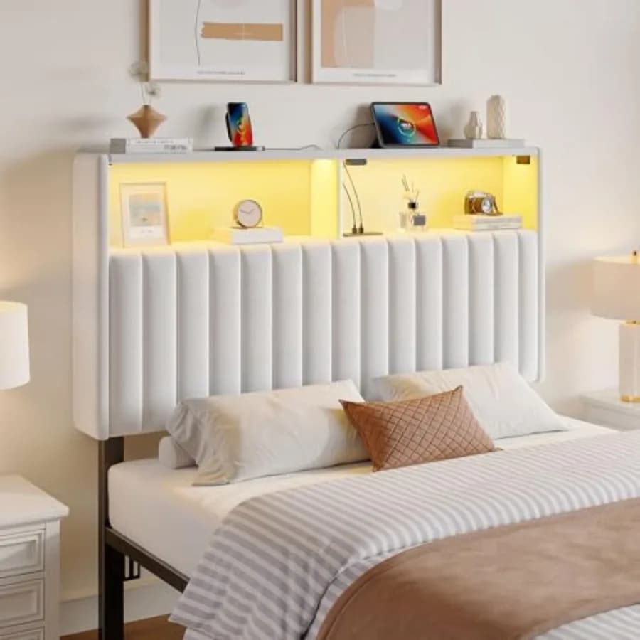 Headboard for Size Bed with Storage 60 000 DIY Color of LED Light Head Board with USB and Type C Port Height Adjustable Velvet