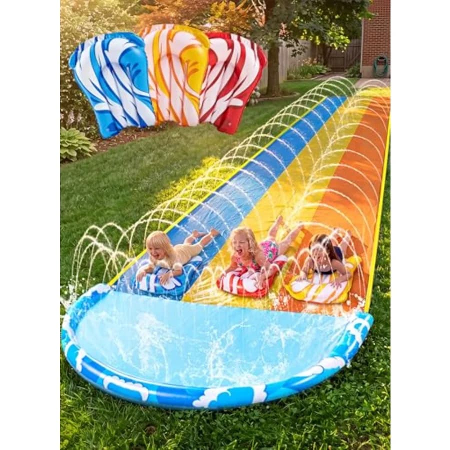 Backyard summer outdoor water slide for kids and adults: 22.5ft x 82in wave-patterned heavy-duty PVC blue includes 3 body board