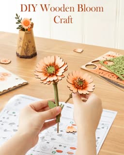 Rolife Wooden 3D Puzzle Orange Gerbera Daisy Artificial Flower DIY Model Building Kit for Bookshelf Decor Mother's Day Gift