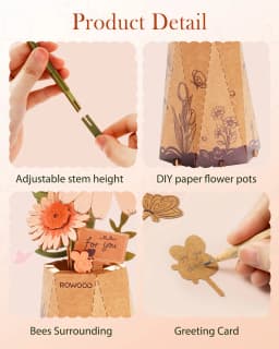 Rolife Wooden 3D Puzzle Orange Gerbera Daisy Artificial Flower DIY Model Building Kit for Bookshelf Decor Mother's Day Gift