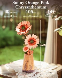 Rolife Wooden 3D Puzzle Orange Gerbera Daisy Artificial Flower DIY Model Building Kit for Bookshelf Decor Mother's Day Gift