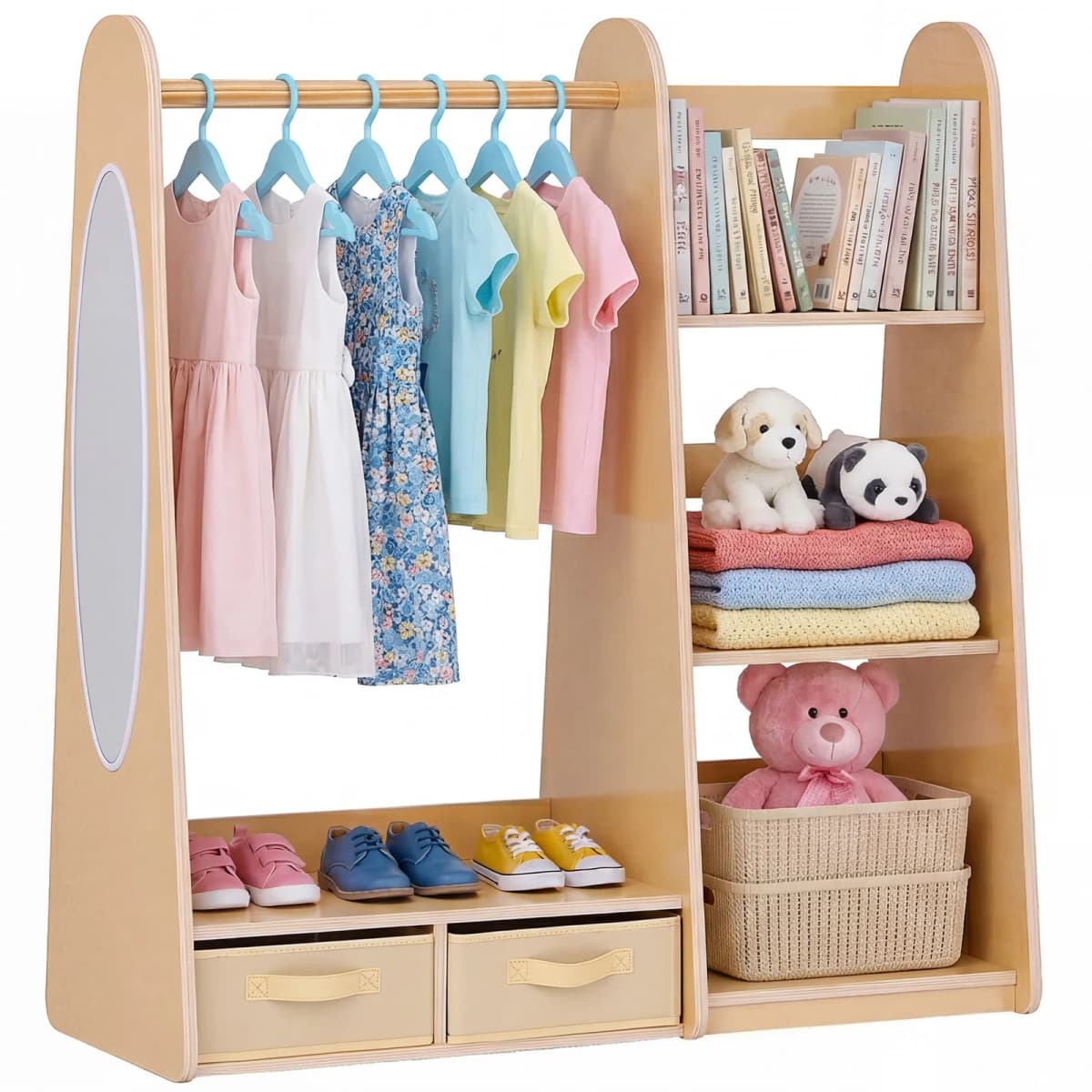 SucceBuy Kids Wooden Dress Up Storage with Mirror Children Dress Up Rack Toddler Wardrobe Closet for Girls Bedroom Home Storage