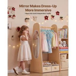 SucceBuy Kids Wooden Dress Up Storage with Mirror Children Dress Up Rack Toddler Wardrobe Closet for Girls Bedroom Home Storage