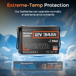 Humsienk 12V 314Ah LiFePO4 Battery, Capacity 4019Wh, Size MINI, Built-in Bluetooth & 200A BMS, 15000+ Deep Cycle, Low-Temp Protection For Fishing, Portable Power Station, Golf Cart, Boat, Marine, Off-Grid, Solar, 5-Year Warranty