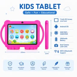 7" Kids Tablet with Parental Control & Shockproof Case, Android 14, 2GB+32GB, 2.4G WiFi, GMS Certified, Eye Protection Display, Dual Camera, Pre-installed Educational Apps & Games for Toddlers
