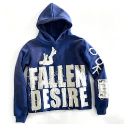 Streetwear style distressed hoodie with frayed edges and a "FALLEN DESIRE" lettering patch. Available in multiple colors. Perfect for unisex casual everyday wear.