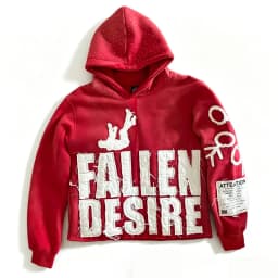 Streetwear style distressed hoodie with frayed edges and a "FALLEN DESIRE" lettering patch. Available in multiple colors. Perfect for unisex casual everyday wear.