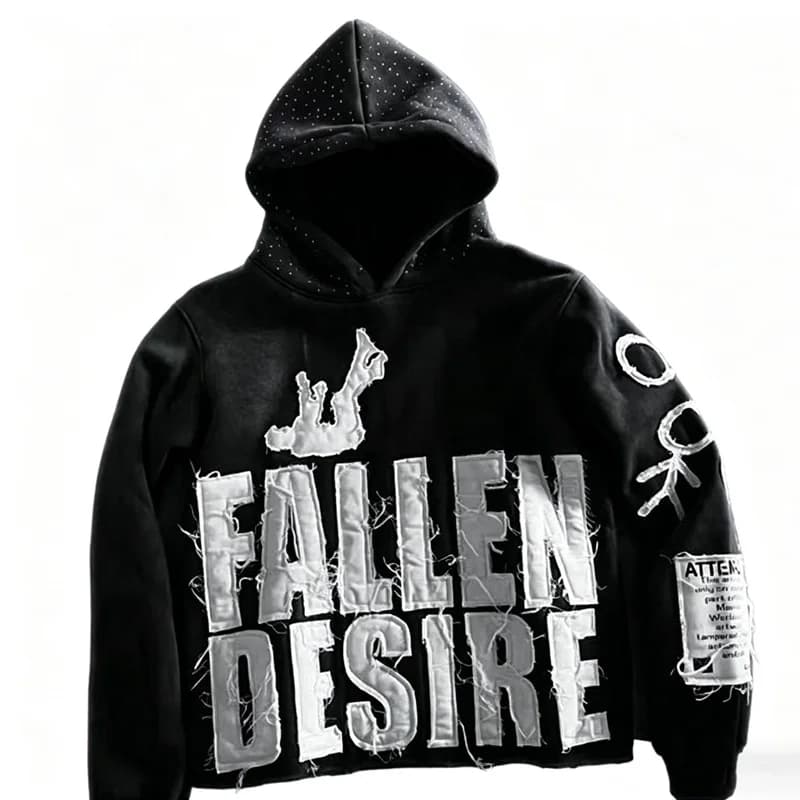 Streetwear style distressed hoodie with frayed edges and a "FALLEN DESIRE" lettering patch. Available in multiple colors. Perfect for unisex casual everyday wear.