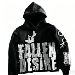 Streetwear style distressed hoodie with frayed edges and a "FALLEN DESIRE" lettering patch. Available in multiple colors. Perfect for unisex casual everyday wear.