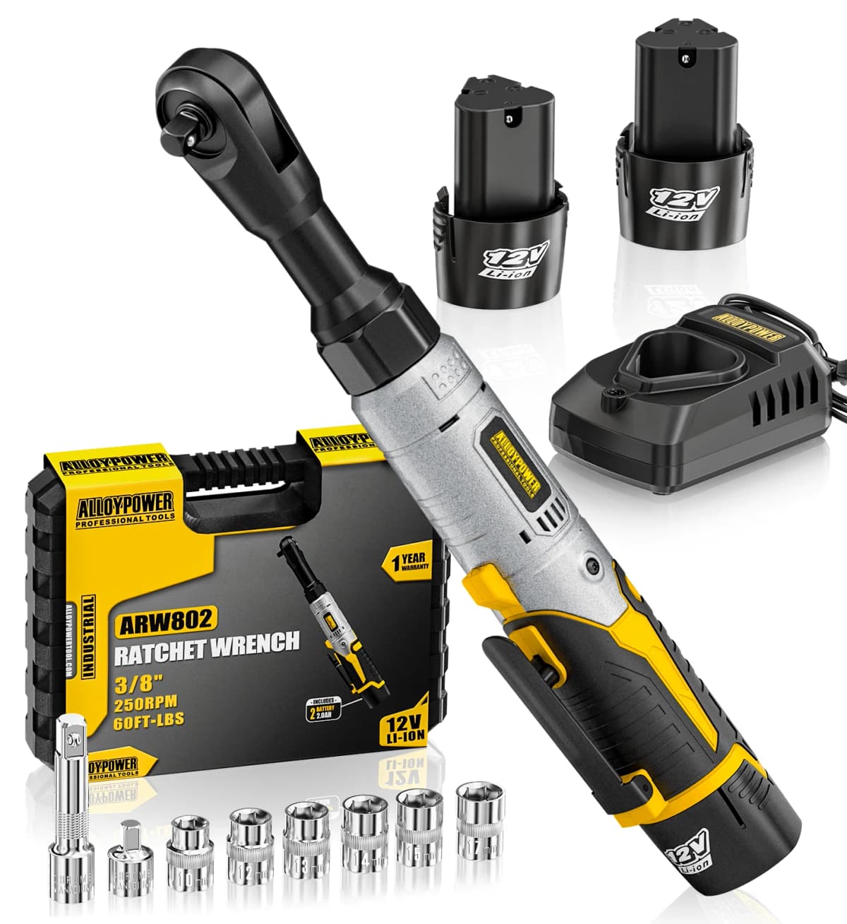 3/8" Cordless Ratchet Wrench Set, 60FT-LBS(80N.m) Electric Ratchet, 12V Extended Power Socket Wrench Set with Variable Speed, 6 Sockets, LED Light, 1/4" Adapter,1/2" Adapter,2 Batteries