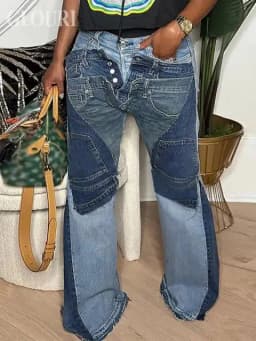 GLOURI Women's Flare Jeans, Vintage Washed High Stretch Deconstructed Denim Pants with Pockets, Casual Bell Bottom Jeans for Dating, Music Festival Daily Street Wear