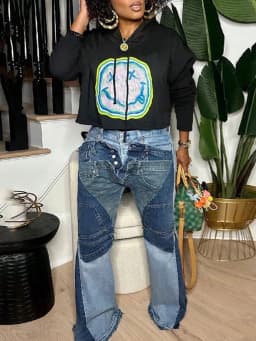 GLOURI Women's Flare Jeans, Vintage Washed High Stretch Deconstructed Denim Pants with Pockets, Casual Bell Bottom Jeans for Dating, Music Festival Daily Street Wear