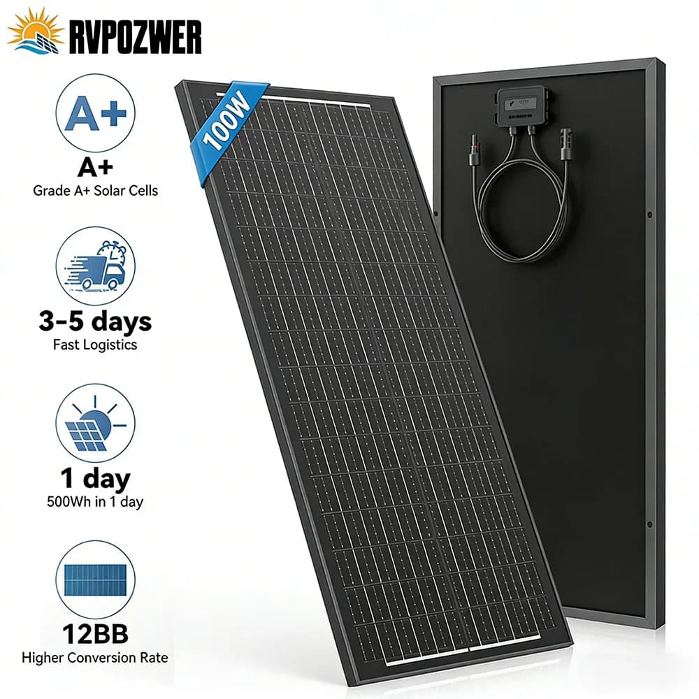 RVPOZWER 12BB/18BB 12V Solar Panel 100W N-Type Monocrystalline Solar Cell High-Efficiency PV Power for Rooftop Camping Rigid