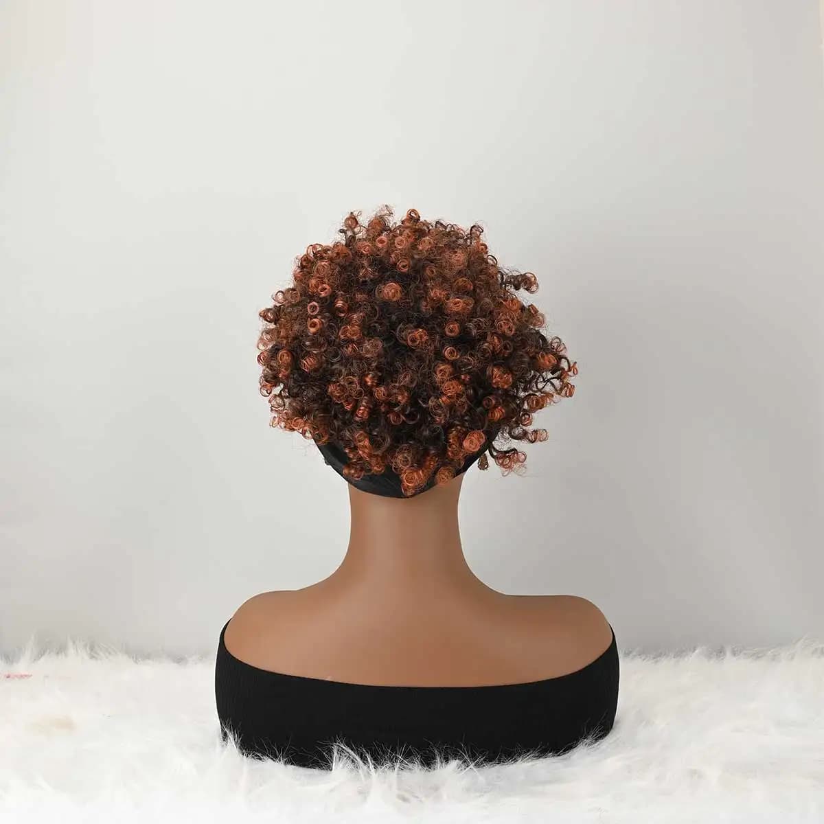 Headband Wig Curly Headband Wig With Bangs For Women Synthetic Afro Curly Hair Wig With Headband Attached Short Kinky Curly Afro High Puff With Bangs Stripes Short Red Curly Wigs with Bangs for Women, Natural Wavy Synthetic Wig, Fluffy Pixie Cut