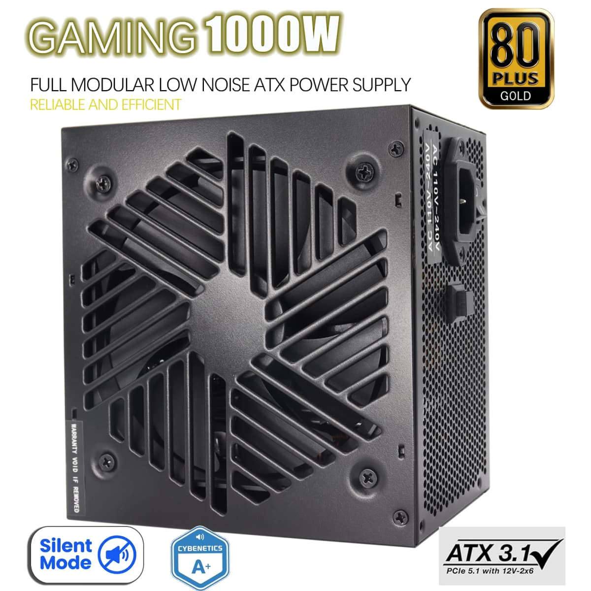 1000W ATX 3.1 PSU | 80 Plus Gold | Full Modular | Zero RPM Low-Noise Fan | PCIe 5.1 Ready | Gaming Power Supply | 105℃ Japanese Capacitors