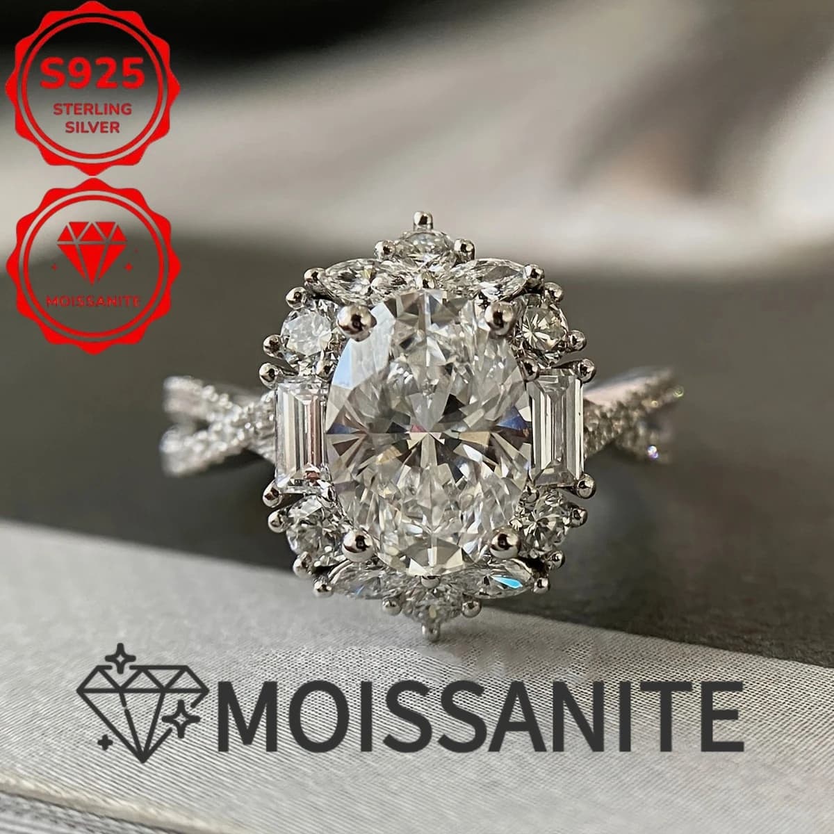 S925 sterling silver elegant 2-carat oval moissanite engagement ring, Bohemian style, cross goose egg design, perfect choice for weddings and anniversaries, great gift, Valentine's Day gift, total weight (4.266 grams)