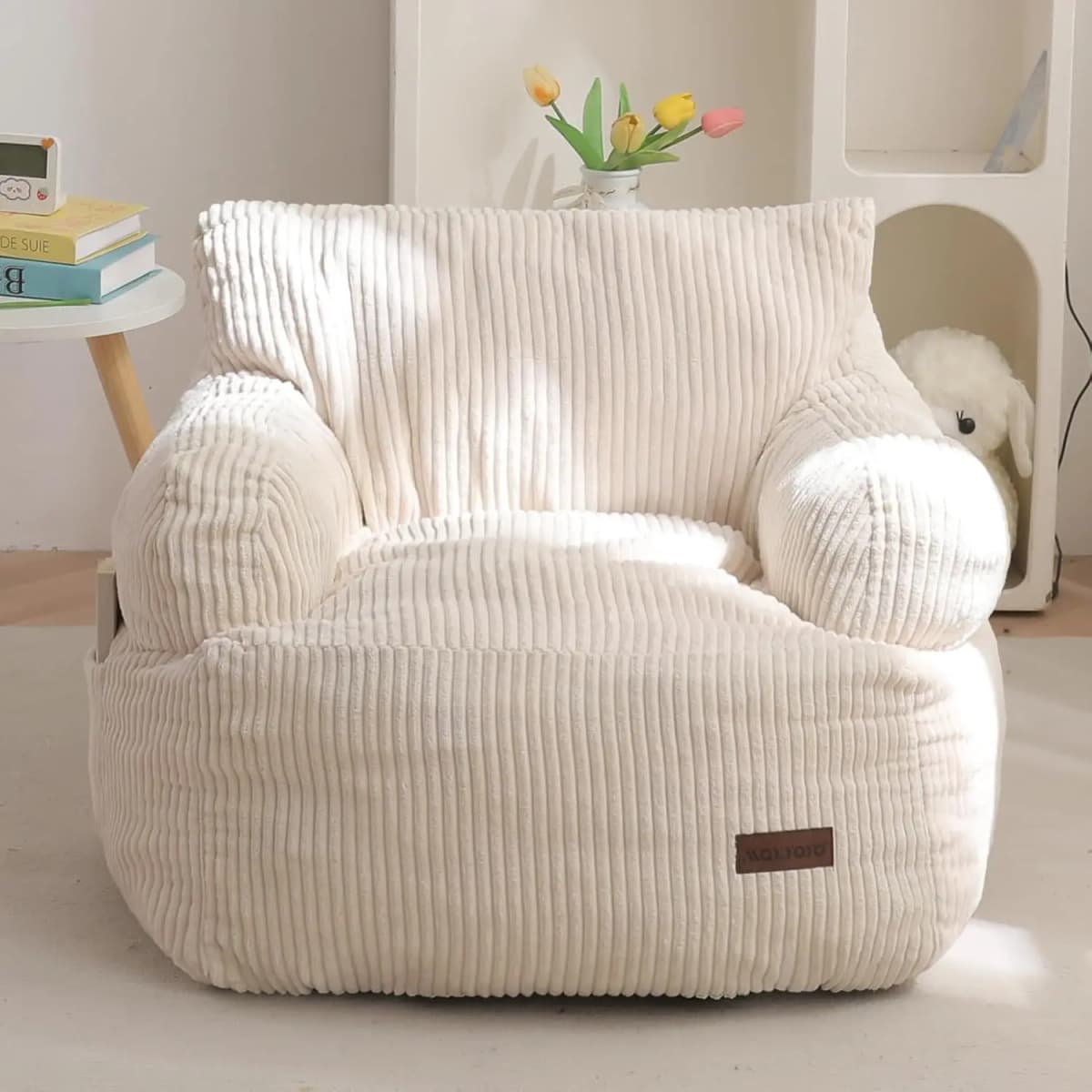 Kids Bean Bag Chair with Shredded Foam Filler, Cozy Corded Fabric Floor Sofa with Side Pocket for Gaming Reading, Beige