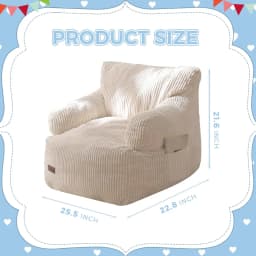 Kids Bean Bag Chair with Shredded Foam Filler, Cozy Corded Fabric Floor Sofa with Side Pocket for Gaming Reading, Beige
