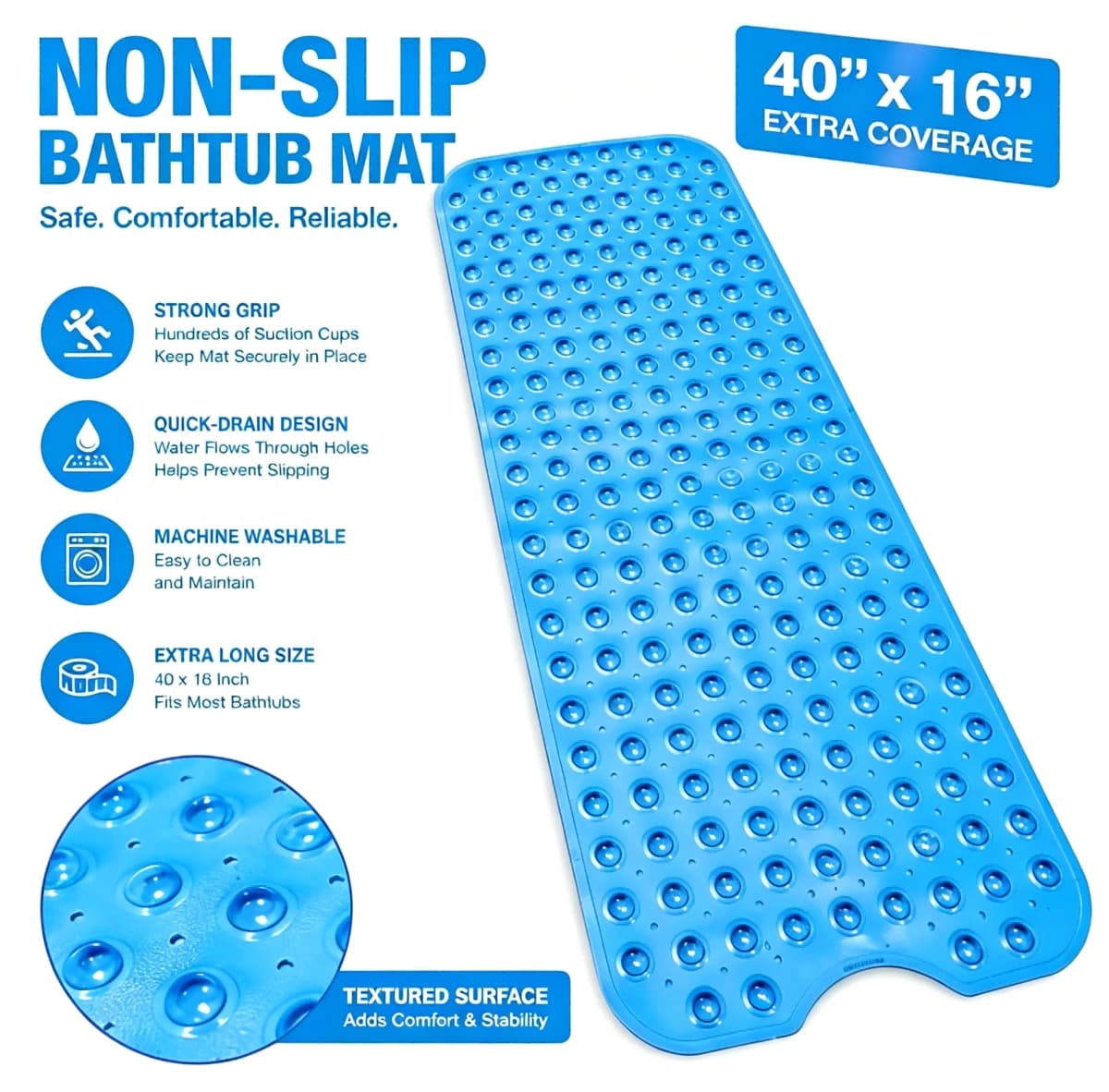 Extra Long Non Slip Bath Mat 40x16 Inch,Dense Suction Cups Secure Mat Firmly On Tub And Shower Surfaces,Well Distributed Drain Holes Speed Up Water Flow To Reduce Standing Water,Fully Machine Washable For Effortless Daily Cleaning