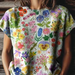 Women's Printed Short-Sleeved Sweater, Featuring a vintage Floral and Botanical Print Knitted Design, Paired with a Country-Style Round Neck, Suitable for Wearing in Spring and Summer Seasons.