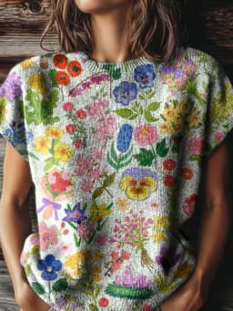 Women's Printed Short-Sleeved Sweater, Featuring a vintage Floral and Botanical Print Knitted Design, Paired with a Country-Style Round Neck, Suitable for Wearing in Spring and Summer Seasons.
