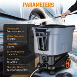 Electric High Pressure Washer, 2000PSI Cordless Pressure Washer with 3 Modes of Water Supply, 0°-180° Swivel Joint, 7.2 Gallon Tank & Wheels for Car/Fences/Driveway/Home/Patio Cleaning