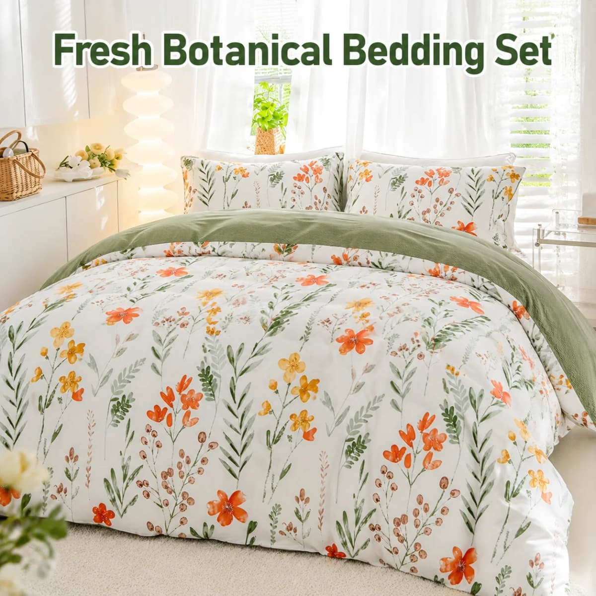 Botanical Floral Duvet Cover Set, Green White Bedding Set, Soft Plant Print Bed Cover with Pillowcases, Twin Full Queen King Breathable and Ultra-Soft, Suitable for All Seasons, Includes 1 Duvet Cover and 1-2 Pillowcases.