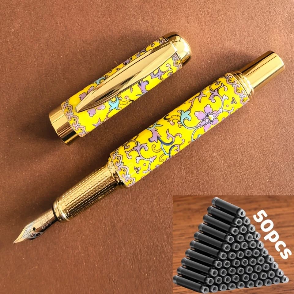 1Pc Fountain Pen + 50Pcs Ink Cartridges, 0.5mm Nib, Built-In Converter, High-End Quality, Exquisite Craftsmanship, Ceramic Pen Body, Ceramic Enamel Color, Iridium Pen Clip, Suitable for Students, Holiday Gifts, Back-To-School Season, Birthday Gifts, Christmas, Father's Day, Mother's Day, Teacher's Day, Thanksgiving, Daily Writing, Signature, Calligraphy