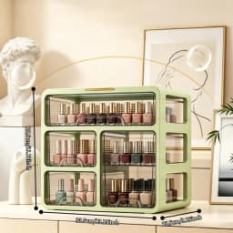 Nail polish storage box with drawers, green tabletop organizer for nail artists, transparent drawer storage box, perfect for nail salons, home manicures, cosmetics, and art supplies