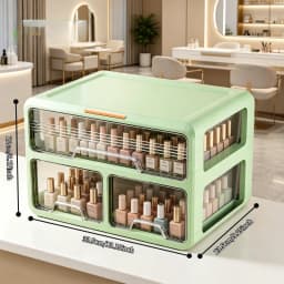 Nail polish storage box with drawers, green tabletop organizer for nail artists, transparent drawer storage box, perfect for nail salons, home manicures, cosmetics, and art supplies