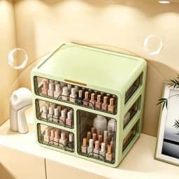 Nail polish storage box with drawers, green tabletop organizer for nail artists, transparent drawer storage box, perfect for nail salons, home manicures, cosmetics, and art supplies