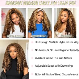 12A 220% Density P4/27 Honey Blonde Burmese Curly Half Wig Human Hair 38 Inch Glueless 3 In 1 Natural Style Seamless Flip Over Drawstring Headband Wigs Clip Beginner Friendly Wig Wear And Go With Drawstring Quick Install For Women Promotional Sale