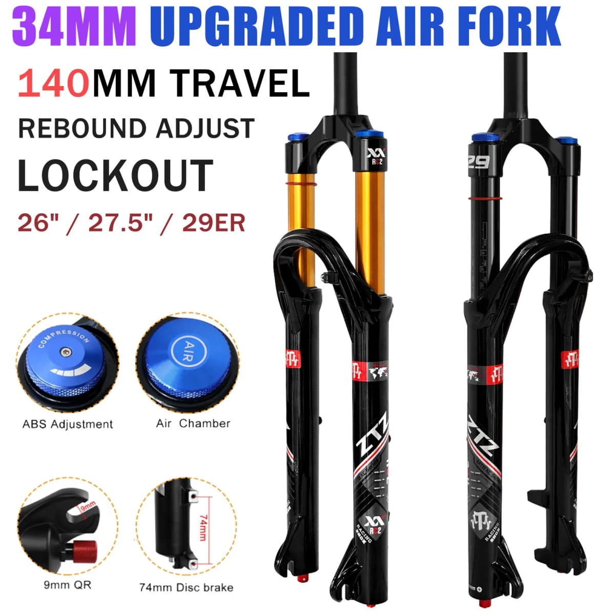 26/27.5/29 Inch MTB Air Suspension Fork 34mm Stanchions 140mm Travel Rebound Adjustment Straight Steerer 9x100mm QR Manual Lockout Mountain Bike Front Fork for XC AM