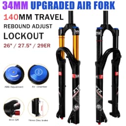 26/27.5/29 Inch MTB Air Suspension Fork 34mm Stanchions 140mm Travel Rebound Adjustment Straight Steerer 9x100mm QR Manual Lockout Mountain Bike Front Fork for XC AM