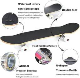31"x8" Skateboard for Beginners & Pros - 7-Ply Canadian Maple, Double Kick, Concave, Complete