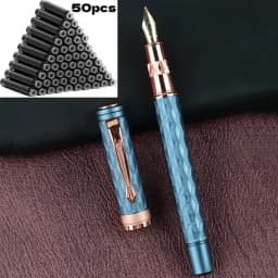 51-Piece Fountain Pen Set [1Pc Fountain Pen + 50Pcs Ink Cartridges], 0.5mm Nib, Hand-Polished Nib, High-Quality Craftsmanship, Stainless Steel Pen Body, Iridium Pen Clip, Electroplating Process, Engraved Pen Body Design, Suitable for Students, Holiday Gifts, Back-To-School Season, Birthday Gifts, Christmas, Father's Day, Mother's Day, Teacher's Day, Thanksgiving, Daily Writing, Signature, Calligraphy, Art, Fountain Pen