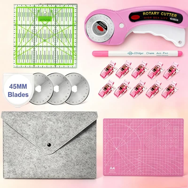 45mm Rotary Cutting Knife Sewing Supplies Set Includes A4 Cutting Mat, Sk5 Blade, 15X15Cm Acrylic Ruler, Marker Pen, Clips, and Storage Bag, for Quilting, DIY Hand Tools, and Christmas Decoration Tools