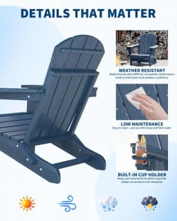 1 PC Folding Adirondack Chair, All-Weather HDPE Outdoor Chair, Wooden Textured with Cup Holder for patios, Decks, Gardens, Fire Pits