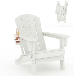 1 PC Folding Adirondack Chair, All-Weather HDPE Outdoor Chair, Wooden Textured with Cup Holder for patios, Decks, Gardens, Fire Pits