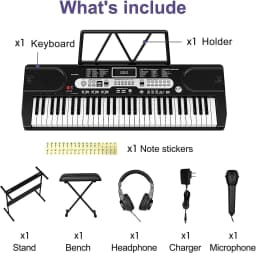 61 Key Beginner Digital Piano Keyboard Set with Stand Bench Microphone Headphones Music Rest Multiple Tones Rhythms Demo Songs Home Practice