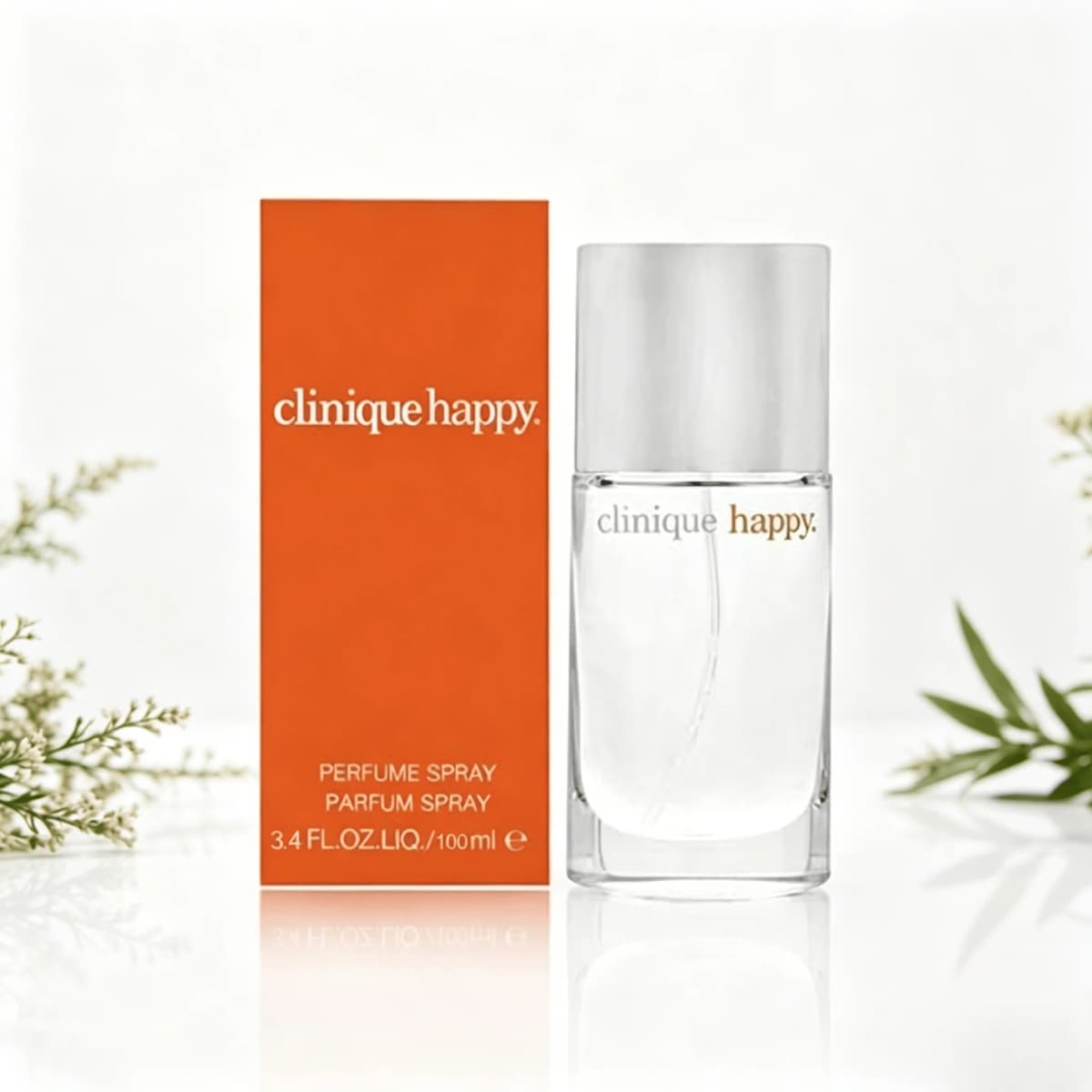 Clinique Happy Perfume Spray 100ML With Original Orange Gift Box Long Lasting Bright Fresh Citrus Floral Fruity Fragrance Women Perfume Clear Square Glass Silver Cap Bottle Cheerful Daily Scent Holiday Dating Gift for Ladies