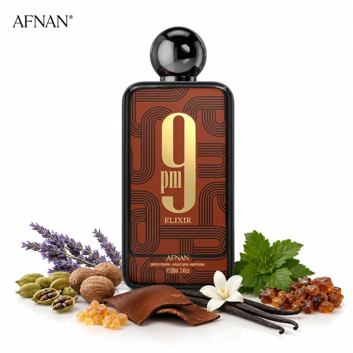 AFNAN 9PM Elixir Perfume 100ml 3.4Oz Parfum Intense for Unisex Long Lasting Arabian Fragrance Spray Vanilla Amber Leather Lavender Spicy Woody Scent Daily Wear Gift