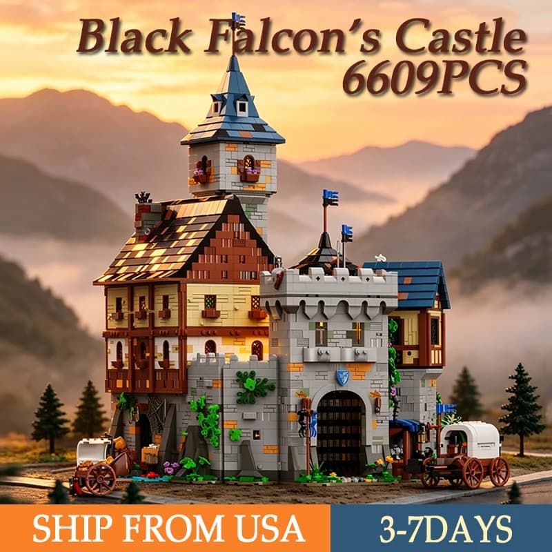 6609PCS Medieval Border Black Falcon's Castle Building Blocks With Light Fortress Model Toys Streetscape Assembly Bricks Kit Desktop Ornaments Ideal Birthday Christmas Gifts