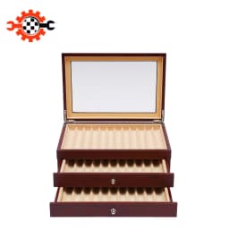 Pen Display Box-3-Tier 34 Compartments Red Retro, Rosewood MDF Velvet Lined Glass Lid, Electroplated Hinges No Assembly for Pens