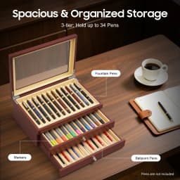 Pen Display Box-3-Tier 34 Compartments Red Retro, Rosewood MDF Velvet Lined Glass Lid, Electroplated Hinges No Assembly for Pens