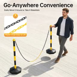 Rope Barriers, Belt Barrier with 6 Bases & 6 Poles, Black Yellow Posts, 5x2M Plastic Chain, 10 S Hooks, PE Durable Easy Assemble, Lightweight Portable Safety Fence