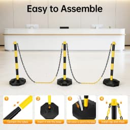 Rope Barriers, Belt Barrier with 6 Bases & 6 Poles, Black Yellow Posts, 5x2M Plastic Chain, 10 S Hooks, PE Durable Easy Assemble, Lightweight Portable Safety Fence