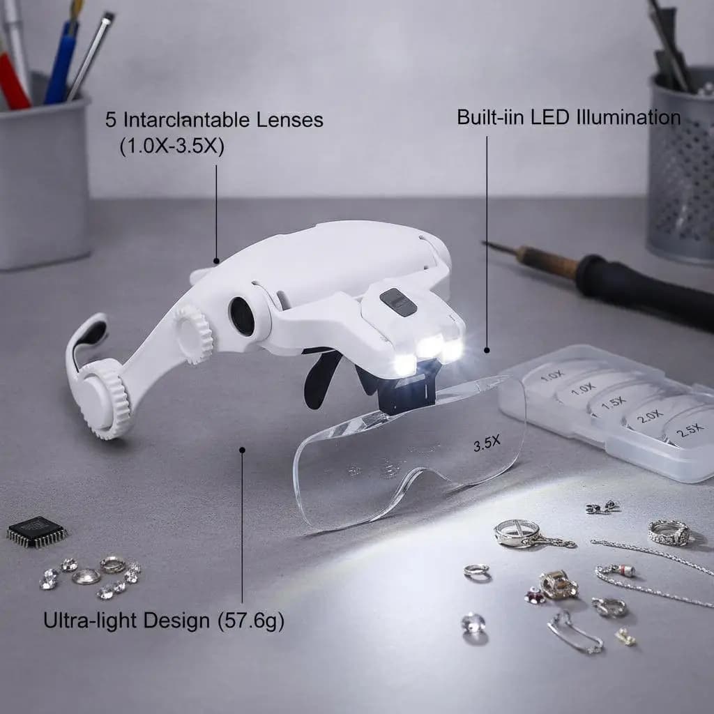 LED Head Magnifier with 5 Lenses 10X to 35X Adjustable Focus Hands Free Loupe for Precise Work Ideal for Crafts and Close Detail Magnification Glasses for Hobbyists and Professionals Lightweight Comfortable Wear