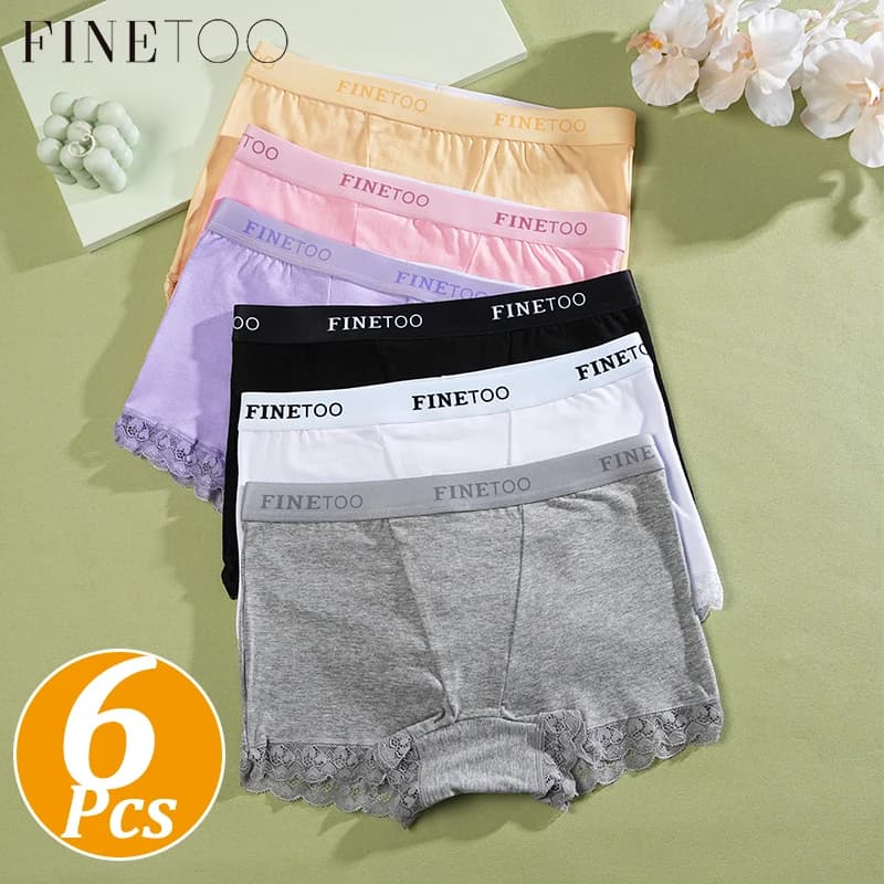 FINETOO 6Pcs/Set Women Soft Cotton Girlshort Underwears Elastic Wide Waistband Lace Edge Boxer Briefs Breathable Anti‑Chafe Panties Safety Shorts For Yoga Workout Home Lounge Wear Plus Size S‑XXL Multi‑Colors Women Underpants